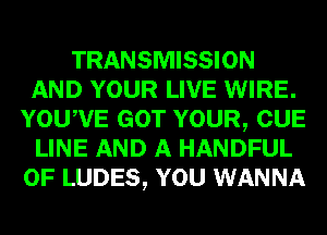 TRANSMISSION
AND YOUR LIVE WIRE.
YOUWE GOT YOUR, CUE
LINE AND A HANDFUL
0F LUDES, YOU WANNA