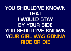 YOU SHOULD'VE KNOWN
THAT
I WOULD STAY
BY YOUR SIDE
YOU SHOULD'VE KNOWN
YOUR GIRL WAS GONNA
RIDE OR DIE