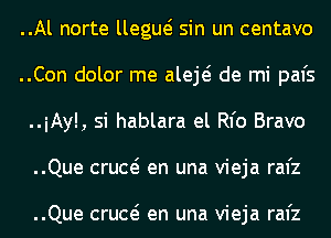 ..Al norte llegue? sin un centavo
..Con dolor me aleE de mi pal's
..iAyl, si hablara el Rl'o Bravo
..Que crud en una vieja rafz

..Que crud en una vieja rafz