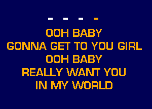 00H BABY
GONNA GET TO YOU GIRL
00H BABY
REALLY WANT YOU
IN MY WORLD