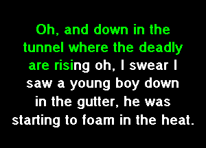 Oh, and down in the
tunnel where the deadly
are rising oh, I swear I
saw a young boy down

in the gutter, he was
starting to foam in the heat.