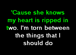 'Cause she knows
my heart is ripped in

two. I'm torn between
the things that I
should do