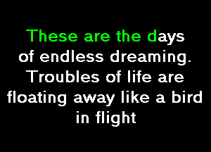 These are the days
of endless dreaming.
Troubles of life are
floating away like a bird
in flight