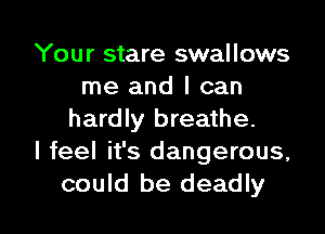 Your stare swallows
me and I can

hardly breathe.
I feel it's dangerous,
could be deadly