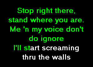 Stop right there,
stand where you are.
Me 'n my voice don't

do ignore
I'll start screaming
thru the walls