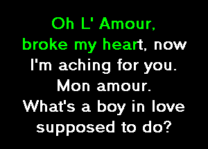 Oh L' Amour,
broke my heart, now
I'm aching for you.

Mon amour.
What's a boy in love
supposed to do?