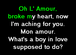 Oh L' Amour,
broke my heart, now
I'm aching for you.

Mon amour.
What's a boy in love
supposed to do?