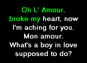 Oh L' Amour,
broke my heart, now
I'm aching for you.

Mon amour.
What's a boy in love
supposed to do?