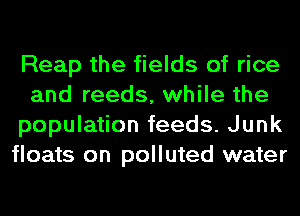 Reap the fields of rice
and reeds, while the
population feeds. Junk
floats on polluted water