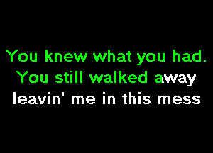 You knew what you had.

You still walked away
leavin' me in this mess