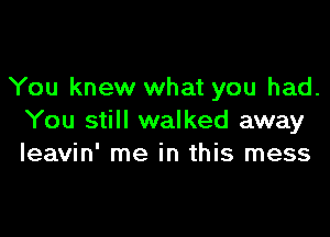 You knew what you had.

You still walked away
leavin' me in this mess