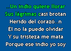 ..Un indio quiere llorar
Sus lglgrimas casi brotan
Herido del coraz6..n
El no la puede olvidar
Y su tristeza me mata
Porque ese indio yo soy