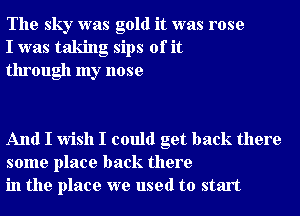The sky was gold it was rose
I was taking sips of it
through my nose

And I wish I could get back there
some place back there
in the place we used to start