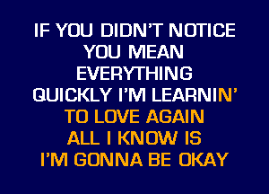 IF YOU DIDN'T NOTICE
YOU MEAN
EVERYTHING
QUICKLY I'M LEARNIN'
TO LOVE AGAIN
ALL I KNOW IS
I'M GONNA BE OKAY