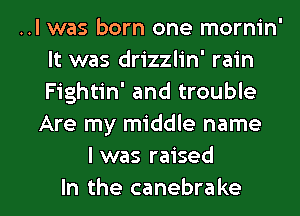 ..l was born one mornin'
It was drizzlin' rain
Fightin' and trouble

Are my middle name
I was raised

In the canebrake l
