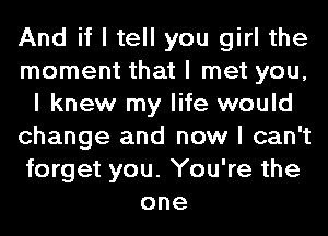 And if I tell you girl the
moment that I met you,
I knew my life would
change and now I can't
forget you. You're the
one