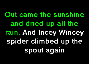 Out came the sunshine
and dried up all the
rain. And lncey Wincey
spider climbed up the
spout again