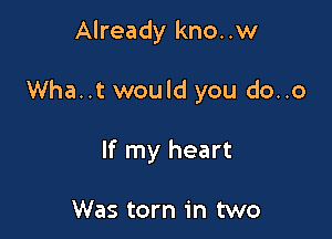 Already kno..w

Wha..t would you do..o

If my heart

Was torn in two