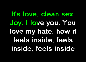 It's love, clean sex.
Joy. I love you. You
love my hate, how it
feels inside, feels
inside, feels inside