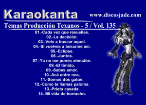 Ka rackanta u ux in1( 01ijL'.('rmI

lumns Pruduccil'm (I'manus - 5 2' VIII. IJS
OLCada vex qua maurllu
I)! -LI decision,

03 4) a DU5Ci' zi'lllol
M,-SI vu-lvn a uasarma us
OS, Ezlipu,
05,-Jun!os
01 J.) no my moms uonclon
03. El1imadu.
09.-3Iboa unwr.

10 -Aca 0! 95
Il-Somat 60 galo
12 Como IE llarrua paloma
1! 4M9 usaaa
14 .ul ca m nonnho