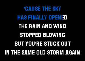 'CAUSE THE SKY
HAS FINALLY OPENED
THE RAIN AND WIND
STOPPED BLOWING
BUT YOU'RE STUCK OUT
IN THE SAME OLD STORM AGAIN