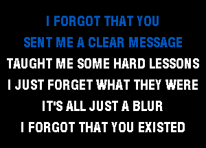 I FORGOT THAT YOU
SEIIT ME A CLEAR MESSAGE
TAUGHT ME SOME HARD LESSONS
I JUST FORGET WHAT THEY WERE
IT'S ALL JUST A BLUR
I FORGOT THAT YOU EXISTED