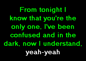 From tonight I
know that you're the
only one, I've been
confused and in the

dark, now I understand,
yeah-yeah