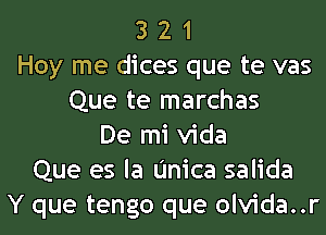 3 2 1
Hoy me dices que te vas
Que te marchas
De mi Vida
Que es la Unica salida
Y que tengo que olvida..r