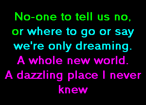 No-one to tell us no,
or where to go or say
we're only dreaming.
A whole new world.
A dazzling place I never
knew