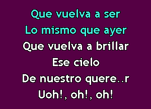 Que vuelva a ser
Lo mismo que ayer
Que vuelva a brillar

Ese cielo

De nuestro quere..r
Uoh!, oh!, oh!