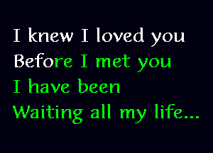I knew I loved you
Before I met you

I have been
Waiting all my life...