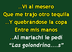 ..Vi al mesero
Que me trajo otro tequila
..Y quebra'mdose la copa
Entre mis manos
..Al mariachi le pedi
W.as golondrina. . . .5