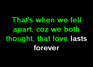That's when we fell
apart. coz we both

thought, that love lasts
forever