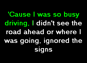 'Cause I was so busy
driving, I didn't see the
road ahead or where I
was going, ignored the

signs