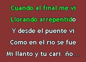 Cuando al final me vi
Llorando arrepentido
Y desde el puente vi
Cbmo en el rio se fue

Mi llanto y tu cari..r'io...