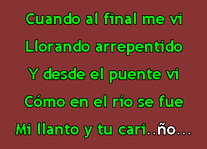 Cuando al final me vi
Llorando arrepentido
Y desde el puente vi
Cbmo en el rio se fue

Mi llanto y tu cari..r'io...