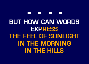 BUT HOW CAN WORDS
EXPRESS
THE FEEL OF SUNLIGHT
IN THE MORNING
IN THE HILLS
