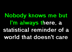 Nobody knows me but
I'm always there, a
statistical reminder of a
world that doesn't care
