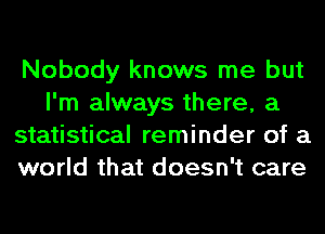 Nobody knows me but
I'm always there, a
statistical reminder of a
world that doesn't care