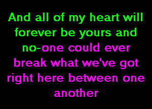 And all of my heart will
forever be yours and
no-one could ever
break what we've got
right here between one
another