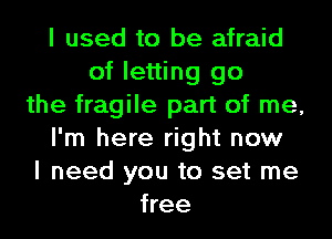 I used to be afraid
of letting go
the fragile part of me,
I'm here right now
I need you to set me
free