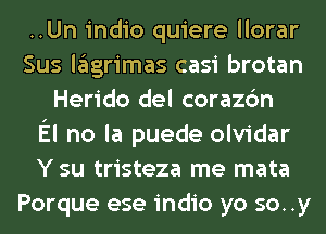 ..Un indio quiere llorar
Sus lglgrimas casi brotan
Herido del corazc'm
El no la puede olvidar
Y su tristeza me mata
Porque ese indio yo soy