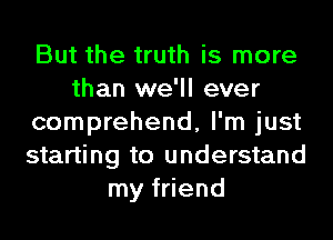 But the truth is more
than we'll ever
comprehend, I'm just
starting to understand
my friend