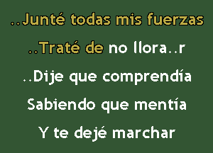 ..Junt6'3 todas mis fuerzas
..Trat63 de no llora..r
..Dije que comprendia
Sabiendo que mentia

Y te dejs'z marchar