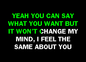 YEAH YOU CAN SAY
WHAT YOU WANT BUT
IT WONT CHANGE MY

MIND, I FEEL THE
SAME ABOUT YOU