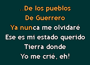 ..De los pueblos
De Guerrero
Ya nunca me olvidare'z
Ese es mi estado querido
Tierra donde
Yo me crie'z, eh!