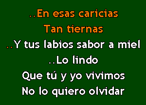 ..En esas caricias
Tan tiernas
..Y tus labios sabor a miel
..Lo lindo
Que to y yo vivimos

No lo quiero olvidar l