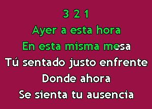 3 2 1
Ayer a esta hora
En esta misma mesa
TL'I sentado justo enfrente
Donde ahora
Se sienta tu ausencia