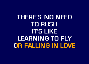 THERE'S NO NEED
TO RUSH
IT'S LIKE
LEARNING TO FLY
OR FALLING IN LOVE

g