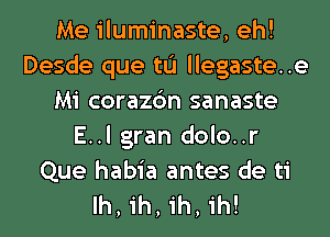 Me iluminaste, eh!
Desde que tL'I llegaste..e
Mi corazc'm sanaste
E..l gran dolo..r

Que habia antes de ti
lh, ih, ih, ih!